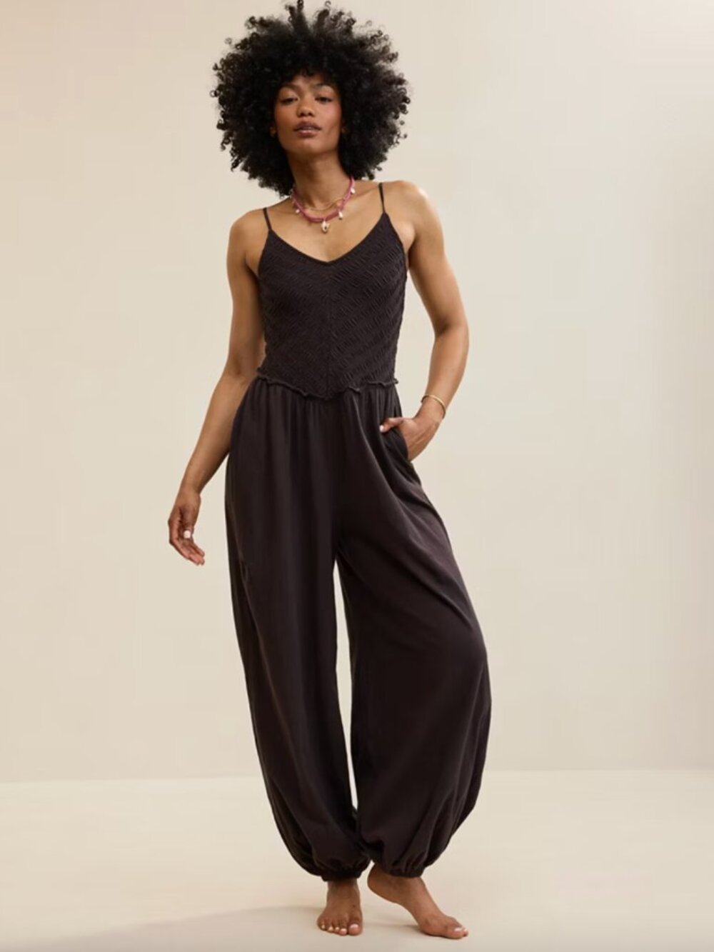 Aerie Happiest Smocked Jumpsuit in Deep Earth